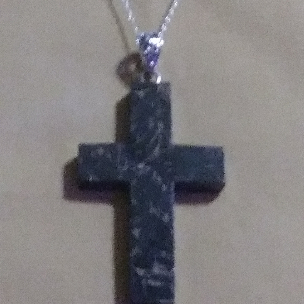 XL- SHUNGITE  CROSS. STERLING- 18"-thru30*- STERLING CHAIN. *2"x1-1/4"x 1/2"DEEP